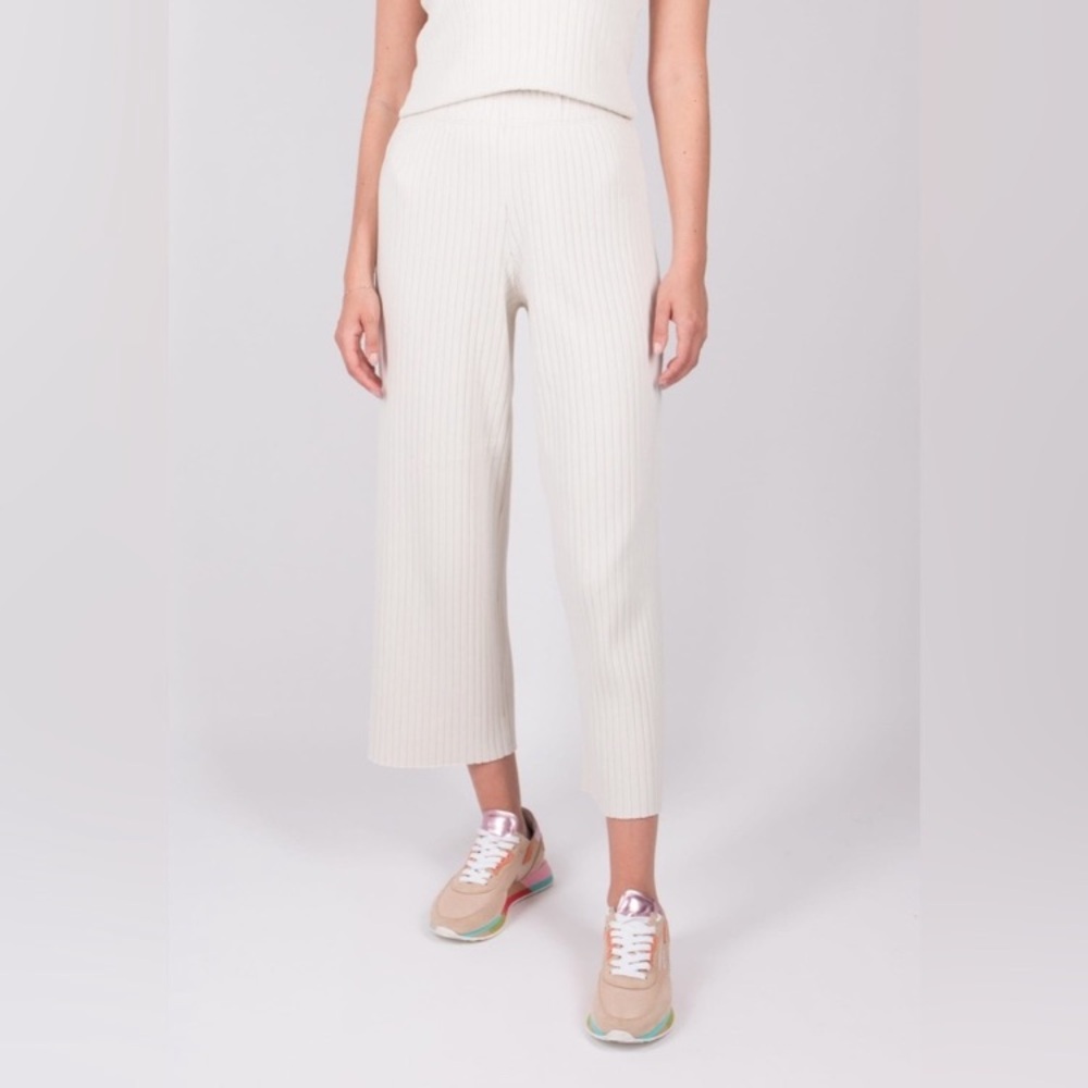 Vince White Cotton Viscose Chunky Ribbed Cropped Wide Leg Pull On Pants M